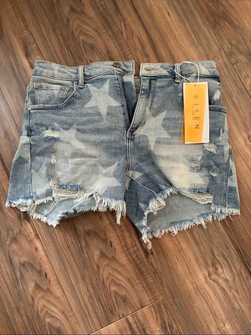 Star Print Distressed Denim Shorts - Light Blue